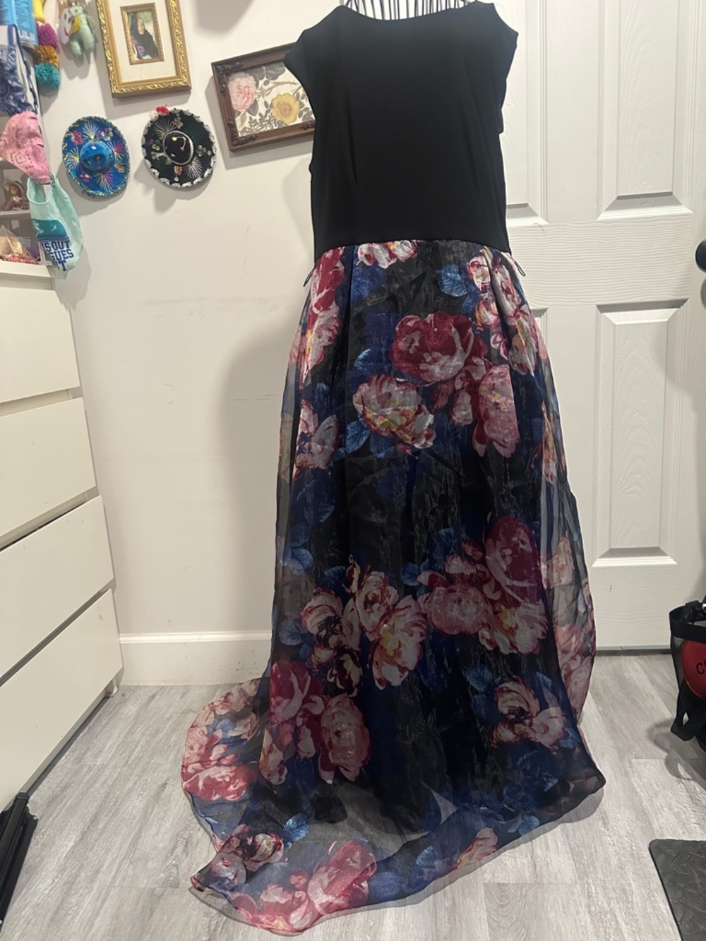 S.L. Fashions Black Maxi Dress with Pink and Blue Floral Sheer Skirt